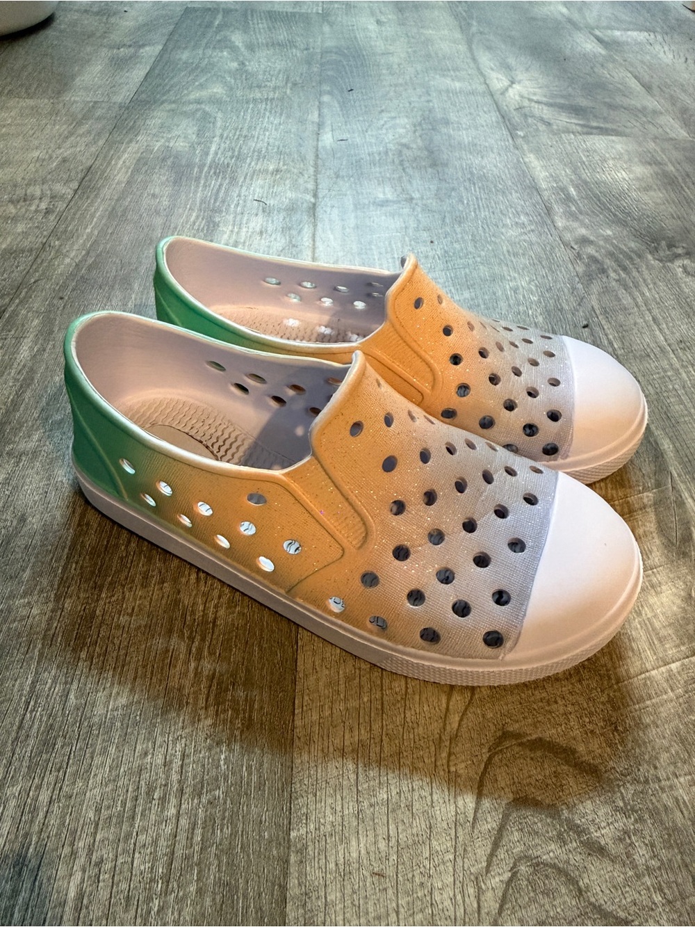 Kids Slip-On Ventilated Casual Rubber Shoes in Peach and Green